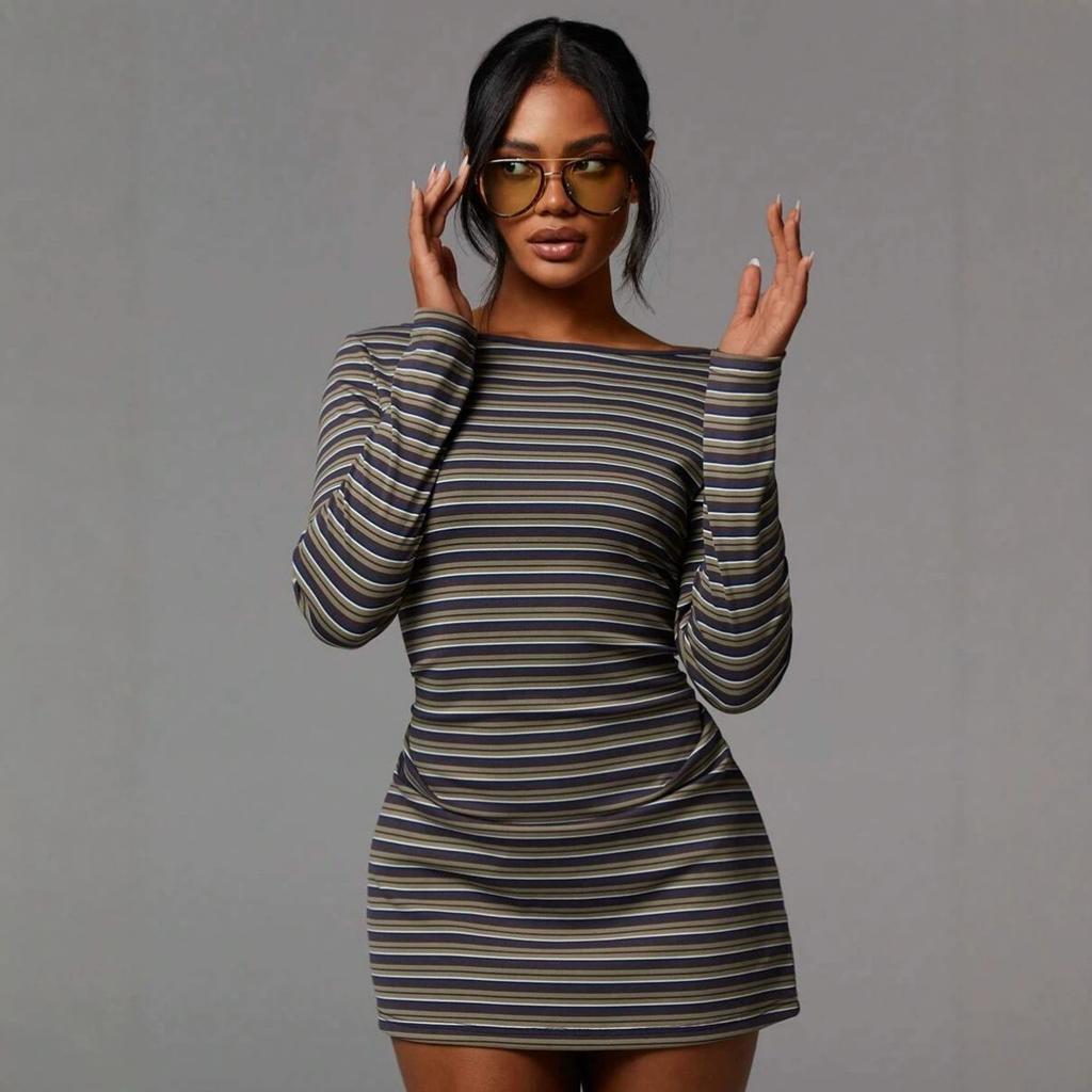 Fall Winter Women's Crew Neck Striped Bodycon Dress, Slim Waist Skinny Mini Dress, Y2K Sexy Streetwear For Crossborder