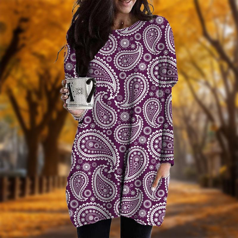 New In Autumn Water Droplets Print Plus Size Dress Women O'neck Long Sleeves Casual Pocket Dresses