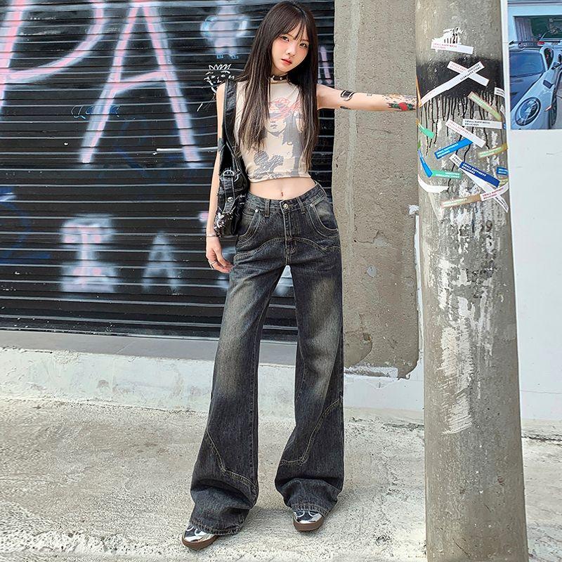 

Small Black and Gray Panel American Retro Loose Design Temperament Wild Low Waist Denim Sexy Straight-Leg Pants Retro blue pants recommend height 155-165cm XL