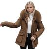 Winter Women Coat Cotton Jacket Furry Hood Thickened Plush Mid Length Long Sleeves Elastic Waist Zipper Closure Pockets