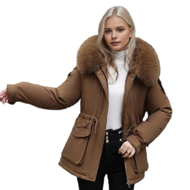 Winter Women Coat Cotton Jacket Furry Hood Thickened Plush Mid Length Long Sleeves Elastic Waist Zipper Closure Pockets