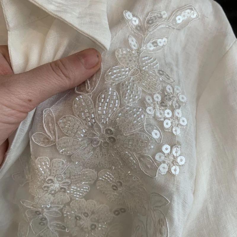 Womens White Floral Embroidered Loose Long-Sleeve Button-Down Shirt