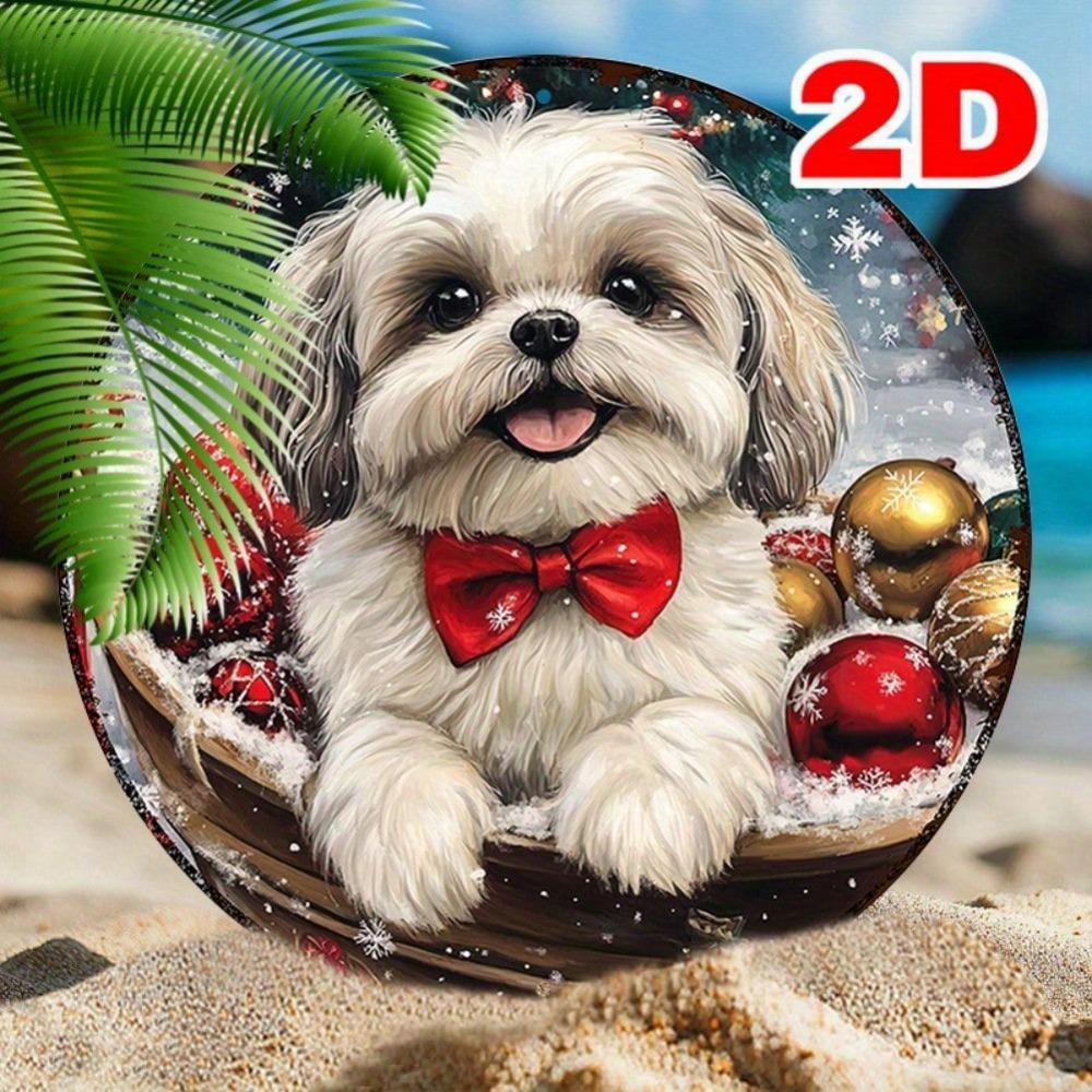 Shiba Inu Christmas Round Wreath Metal Wall Decor 8x8 Inch Aluminum Gift Holiday Home Decoration