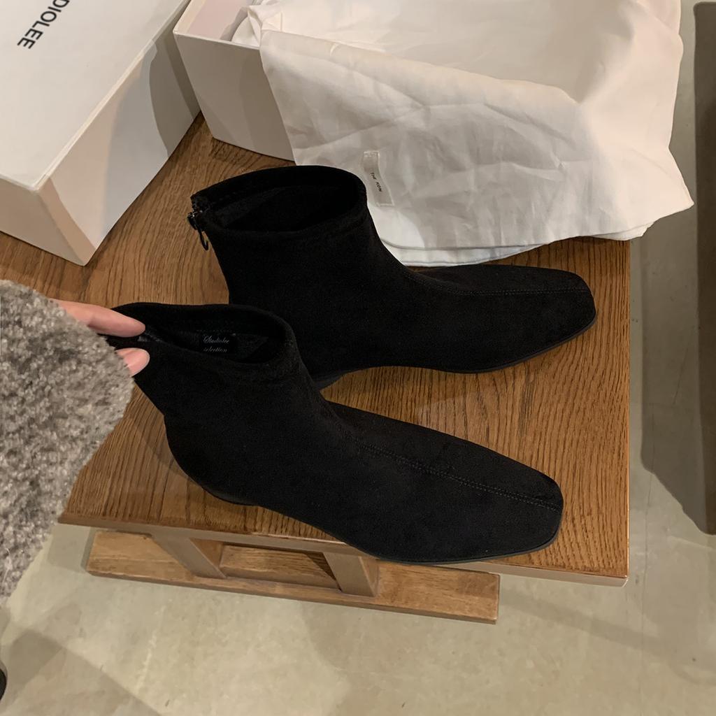 Grape mother studiolee Korean retro square head suede versatile thick heel heightening thin short boots women's autumn and winter