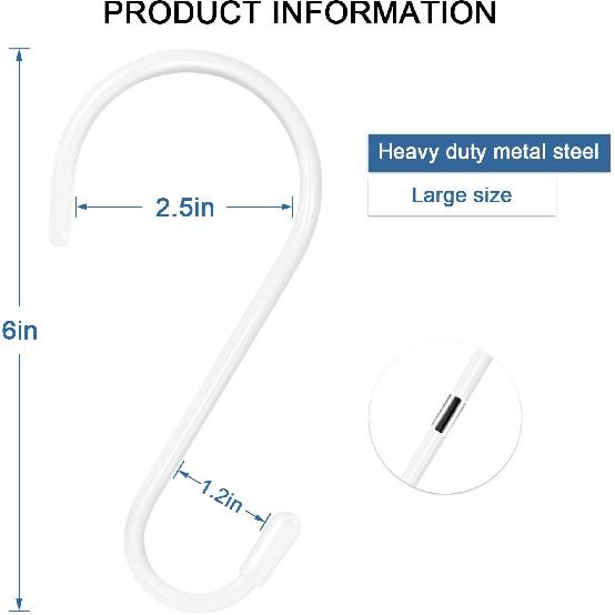4 Pack Large White Stylish Non Slip Rust Resistant Heavy Duty Metal Steel S Hooks, 6 inch Vinyl Coated, Hanging Closet Kitchen Garage Bathroom