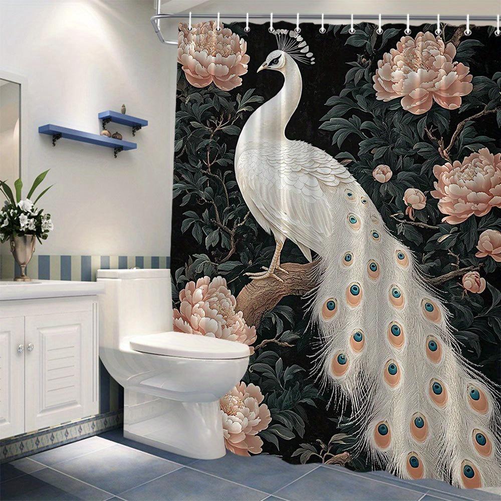 Elegant White Peacock With Flowering Peony Shower Curtain 12 Hooks, Four Seasons Bathroom Decorative Bathtub Shower Curtain