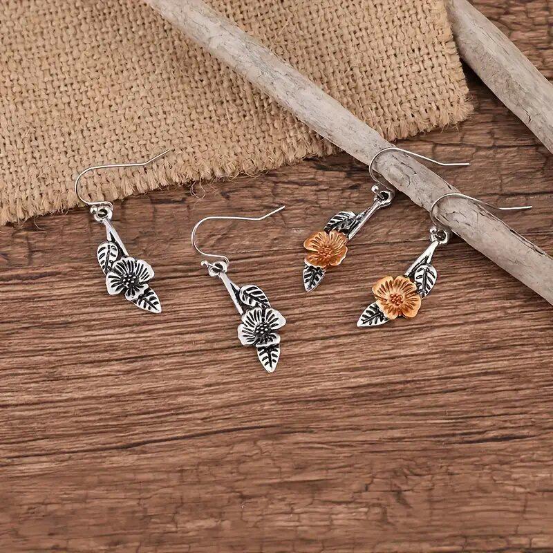 Two-Tone Silver & Copper Flower Leaf Drop Earrings Handmade Nature Inspired Floral Dangle Earrings Women Vintage Bohemian Jewelry