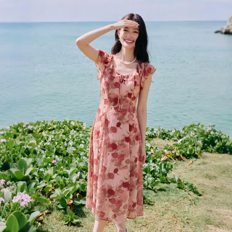 Qiusyiren Sweet Floral Ruffle V-Neck Midi Dress M