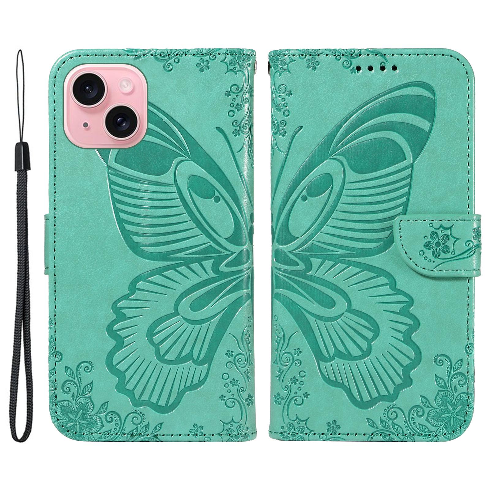 

For iPhone 15 Case Leather Wallet Flip Phone Cover Butterfly Pattern Green