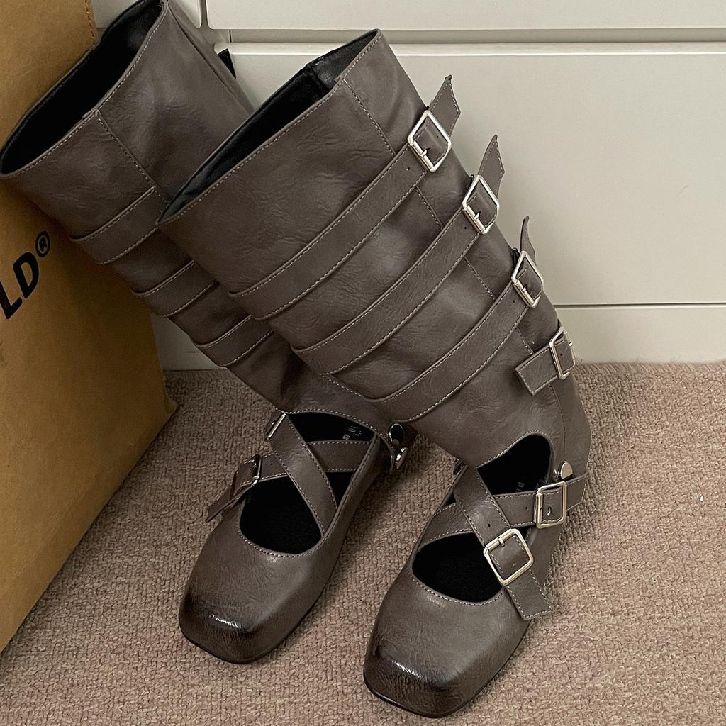 Modische Retro Atmungsaktive Lange Stiefel für Damen 2025 Neu Schnallenriemen Slip-On Stiefel PU-Leder Weiche Sohle Damenstiefel Quadratische Zehenkappe Trendig