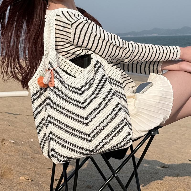 Versatile Knitted Bag for Women, Summer Casual Commuting Patchwork Woven Bag, Beach Vacation Style Beach Bag