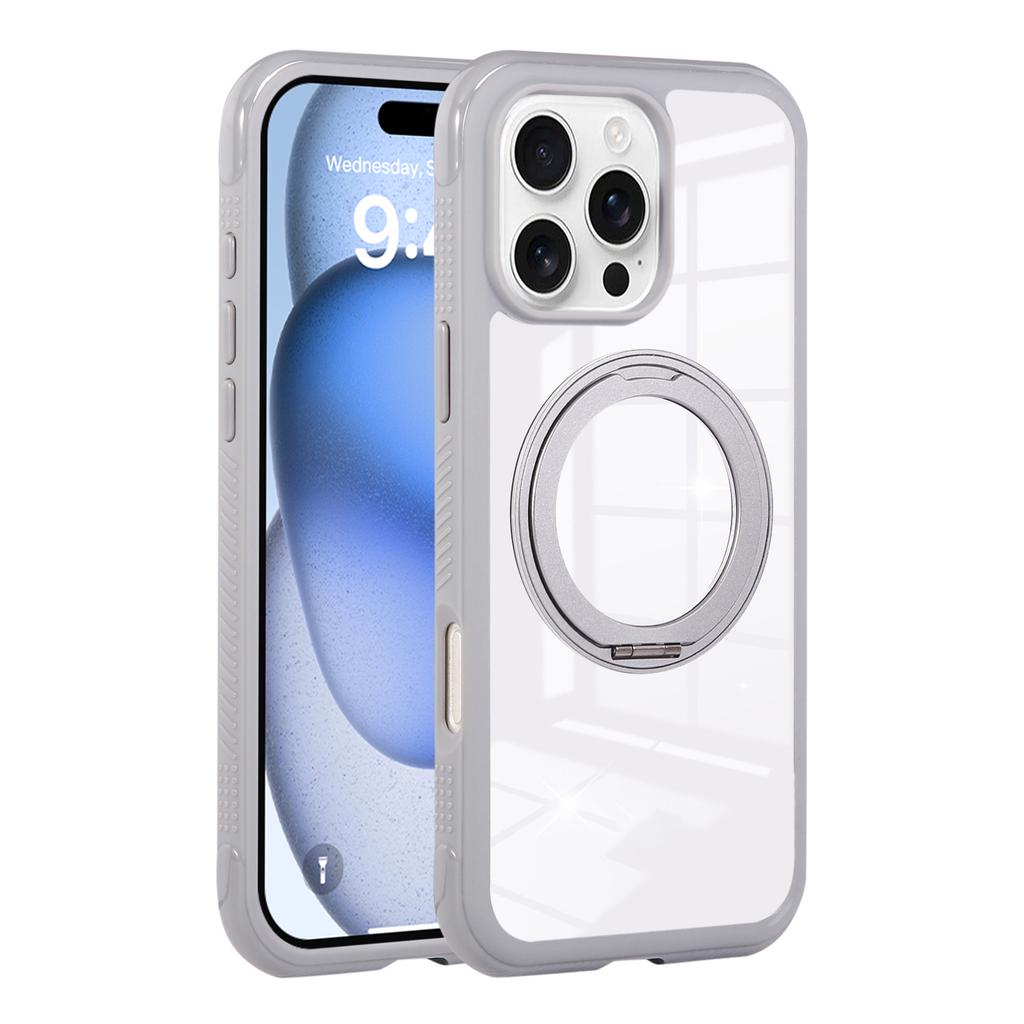For iPhone 16 Pro Magnetic Case Stress Relief Kickstand TPU + PC Transparent Protective Phone Cover