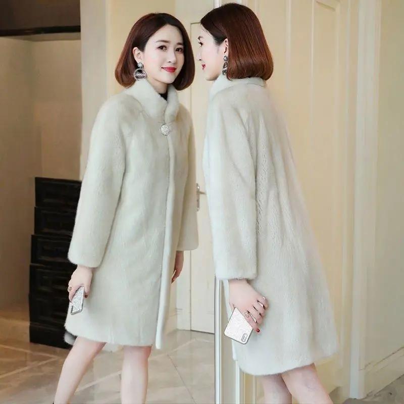 Autumn and Winter Women's Imitation Mink Fur Coat Mid-length Stand Collar Plus Cotton Thickened Loose and Thin Imitation Mink Fur Coat
