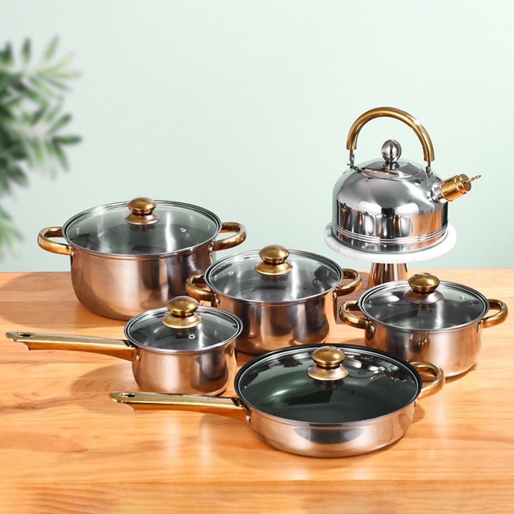 6 Pieces Stainless Steel Ergonomic Handle Portable Nonstick Pan Saucepan Pots and Pans Set Kitchen Cooking Set for Kitchen Home