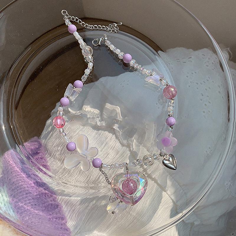 Y2K Heart Butterfly Přívěsek Choker náhrdelník Barevný korálkový řetízek klíční kosti pro ženy Dívka Punk Sladký estetický párty šperk