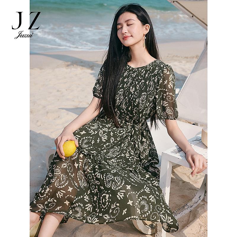 The Wizard of Oz Jiuzi Anna Kou Elegant Plant Printed Folded Chiffon Dress 2025 Summer New Style