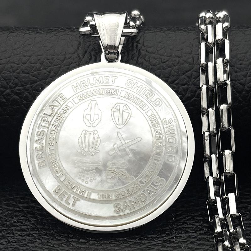 Whole Armour of God Shell Pendant Necklaces for Women Men Stainless Steel Talisman Christian Spiritual Armour Protection Jewelry
