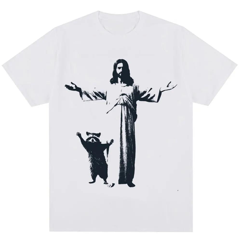 Summer Vintage Fashion Unisex Women ONeck Tshirt Jesus and Raccoon Funny Christian Graphic Tshirt Oversized Cotton Casual Tshirt