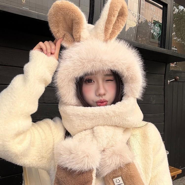 Rabbit Ears Hat Season Girl Scarf Gloves Integrated Hooded Scarf Cute Thickened Warm Plush Three-piece Set