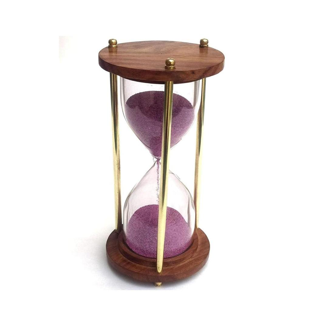 Wooden and Brass 5 Minutes Sand Timer Hour Glass Clock Home Decor Ideal for Exercise, Tea Making, Study Table Decor