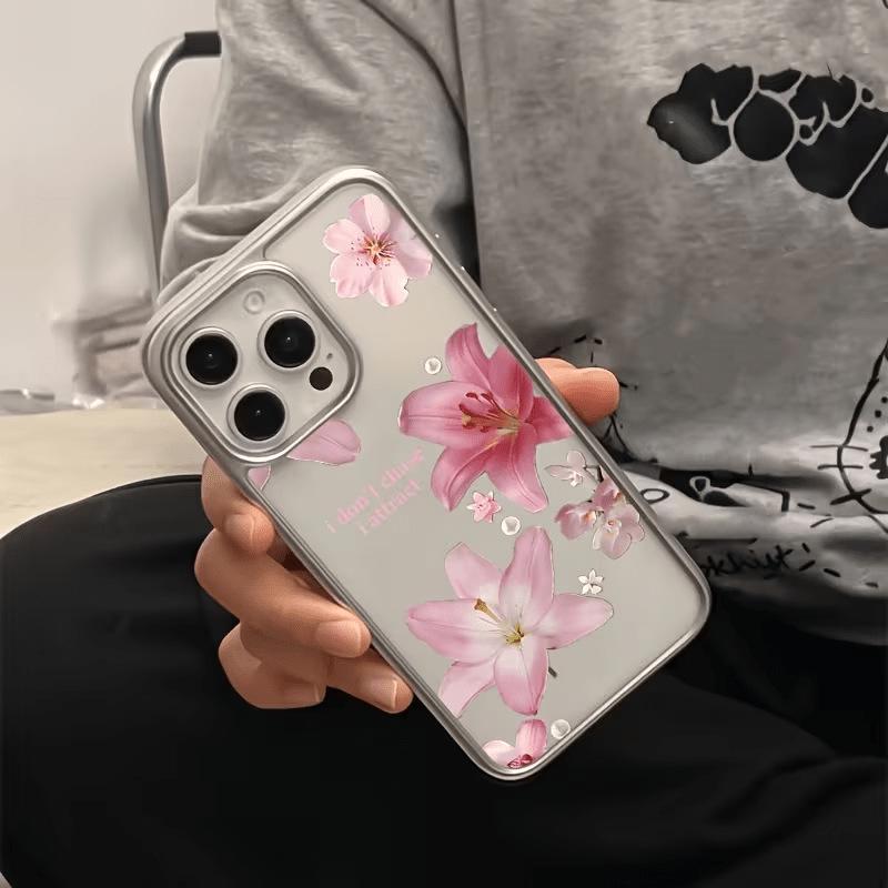 iPhone 17 Pink Case, Soft with Silver Frame, 15 Floral Design, Fits 16 Pro Max and 14 Pro.