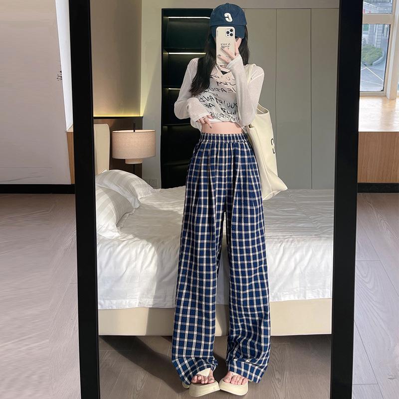 

2025 Women s Petite High Waist Blue Plaid Wide-Leg Pants for Spring & Autumn XL (suggested 116-125 jin)