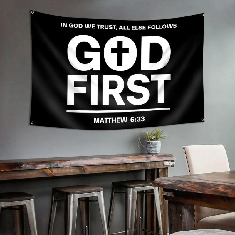 God First Christian Flag Tapestry Matthew 633 Bible Verse Wall Hanging Polyester Faith Decor for Bedroom Dorm Church