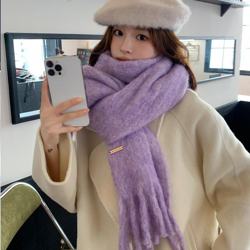 Women's wool-blended knitted solid-color scarf winter thickened warm student scarf men