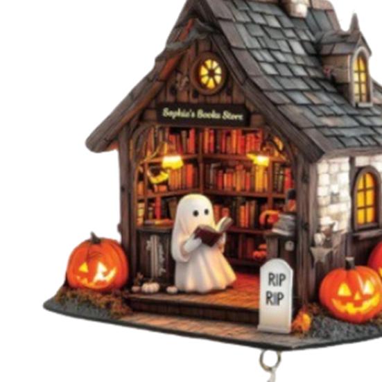 Ghost Reading Book Halloween Ornament 2D Flat Ghost In Reading Nook Hanging Decoration with Bell Window Hanging Wind Chime for Home Decor