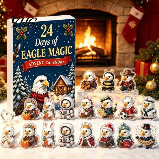 Creative Desktop Christmas Decor Eagle Advent Calendar, 24Pcs Acrylic 2D Ornament Set with Mini Festive Home Decoration Cartoon Figures, Tree Hanging