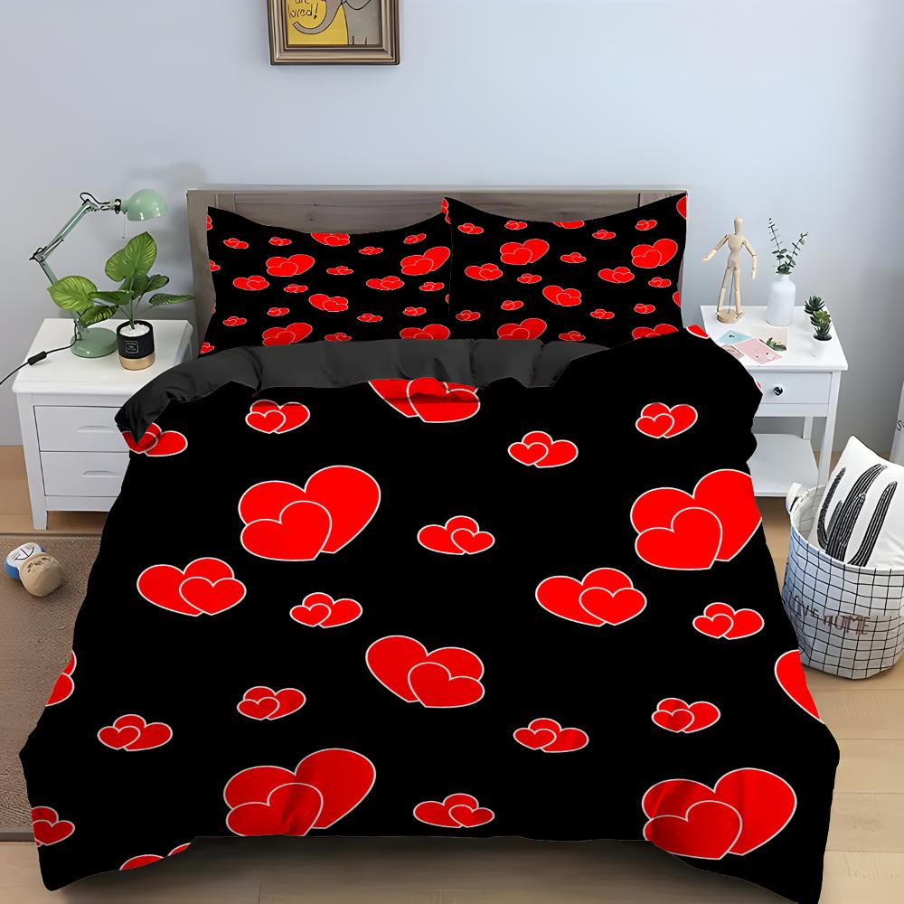 Love Heart Pattern King Queen Duvet Cover Women Heart-shaped Print Bedding Set Red Black Quilt Cover Polyester Comforter Cover
