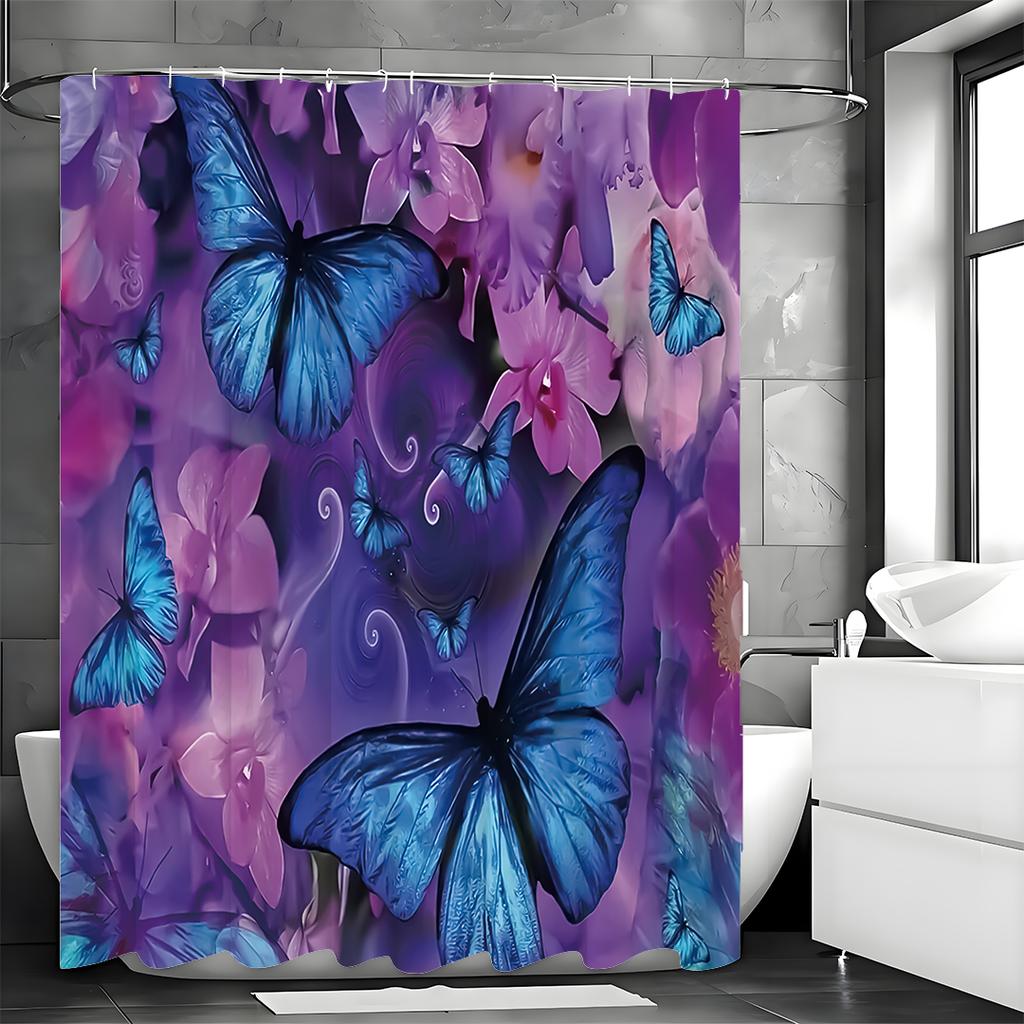 Butterfly Floral Blue and Purple Shower Curtain, Bathroom Decorative Shower Curtain, Waterproof Shower Curtain with Hooks