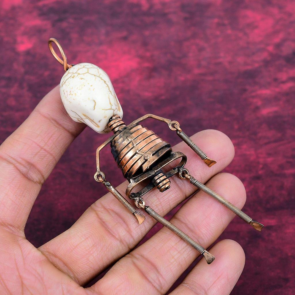 Howlite Pendant Copper Wire Wrapped Jewelry Titanium Bead Eyes & Skull Bone Face Pendant