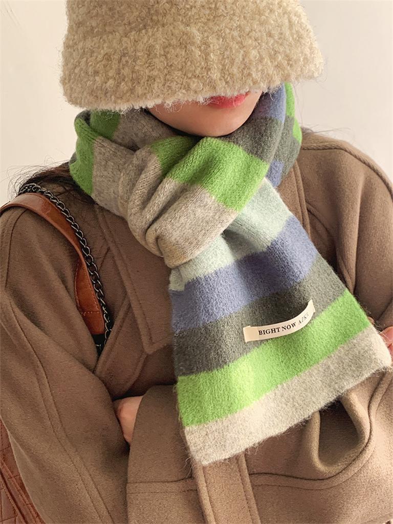 Korean Style Winter Warm Wool Scarf For Women Design Striped Elastic Knitted Scarves Female Bandana Thick Neckerchief Shawl