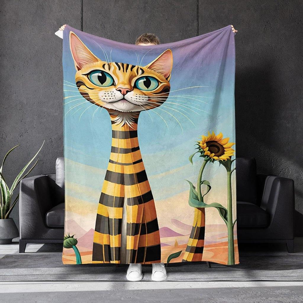 Cat and Sunflower Pattern Flannel Printed Blanket Suitable for All Seasons Suitable for Living Room Office Sofa and Travel