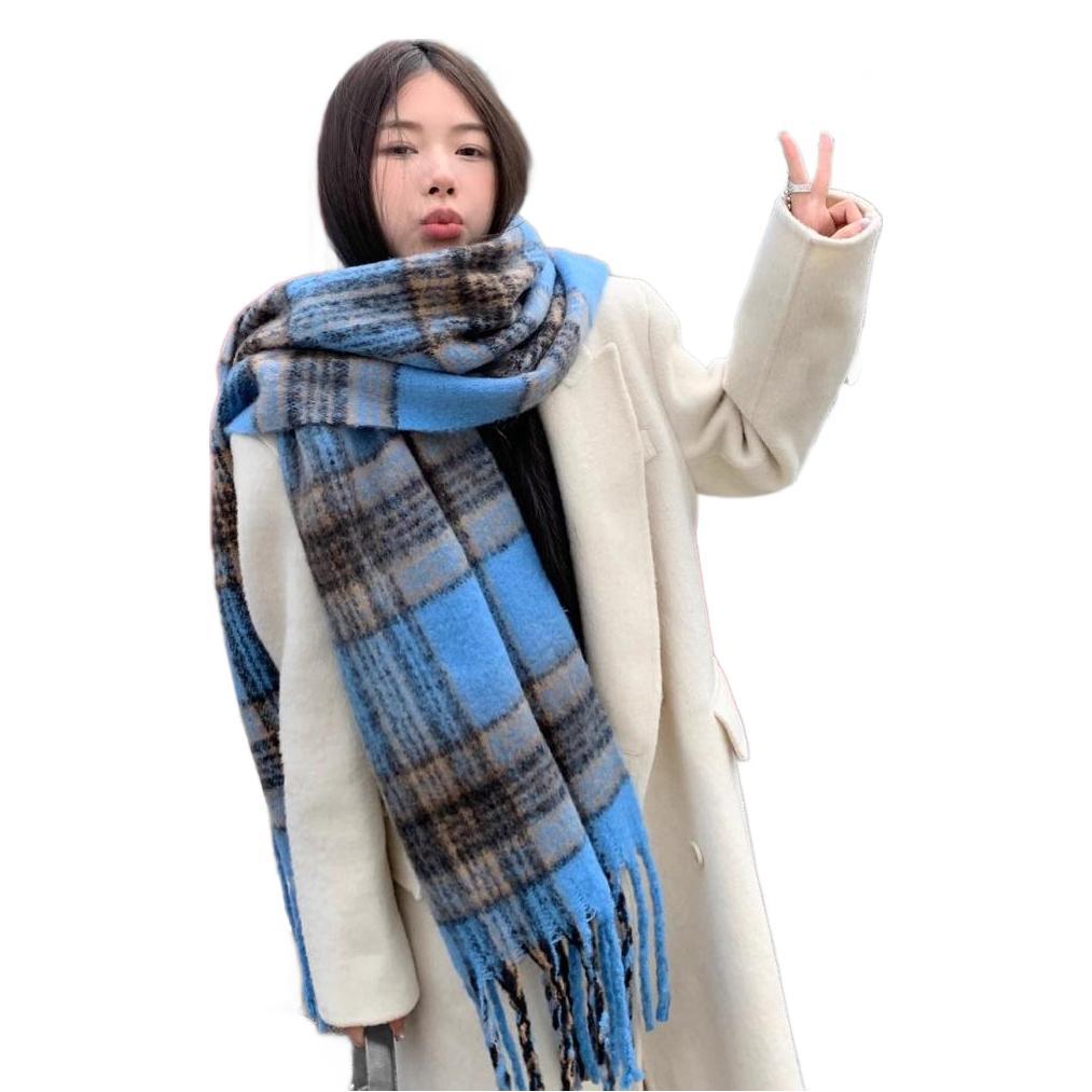 Imitation cashmere Korean version plaid scarf women's winter new high-end thickened warm scarf shawl dual-purpose blue