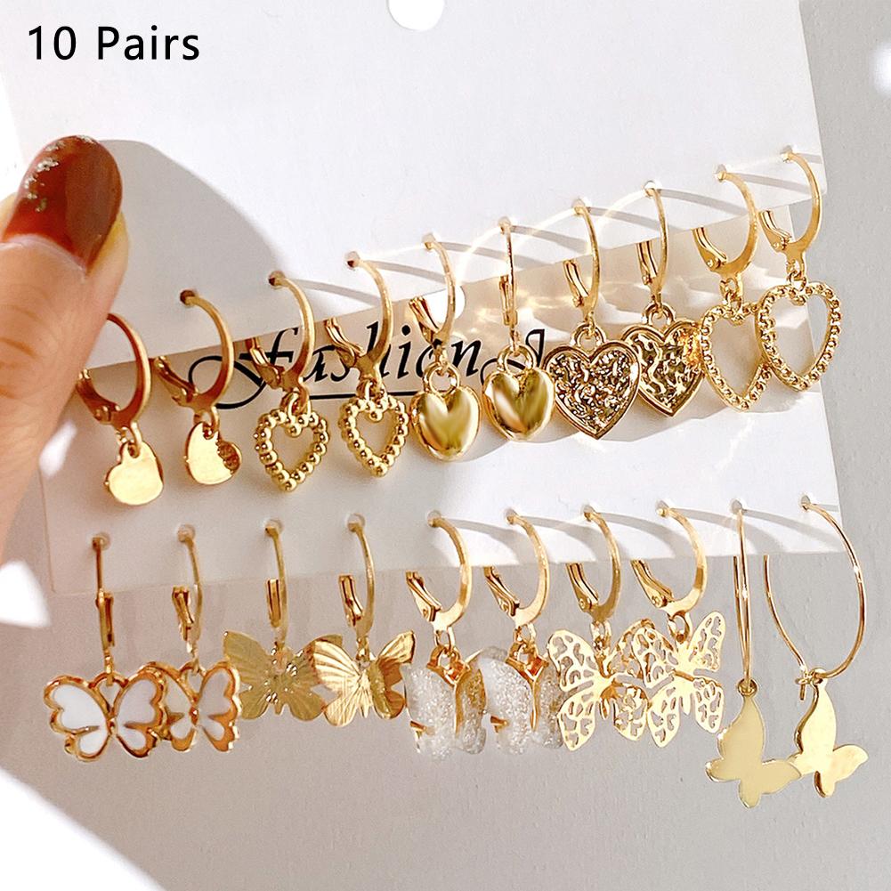 New Gold Color Butterfly Love Hoop Earrings Set New Fashion Dangle Earring Jewelry Hollow Trend W8Q1