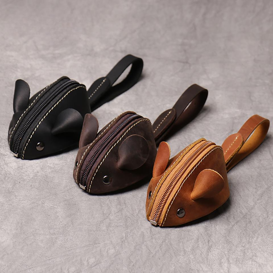 Genuine Leather Small Coin Purse Creative Lovely Rat Zipper Key Case Men Women Portable Key Wallets  Children's Key Bags