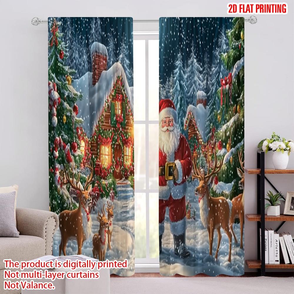 

Set Of 2 Flat Printing Merry Christmas Popular Drapes Santa Claus Reindeer Scene Versatile Durable Polyester Without Curtain Made W100*H70(CM)-Grommet top&2PCS