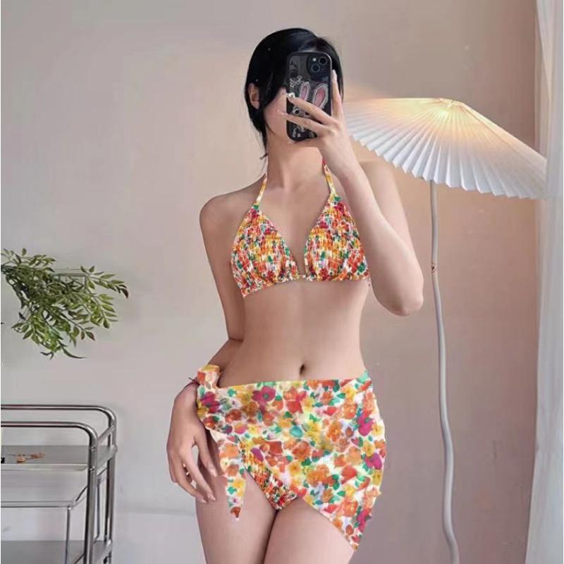 Damen S Sexy Frischer Bedruckter Gesplitteter Rock Stil Bikini Dreiteiliger Badeanzug