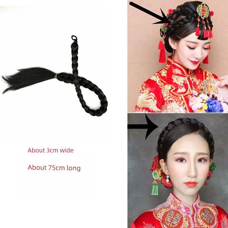 Ancient Costume Wig Double-Headed Twist Braid Republic of China Student Big Braid Chinese Bride Xiuhe Style Coiled Hair Wig Long Braid