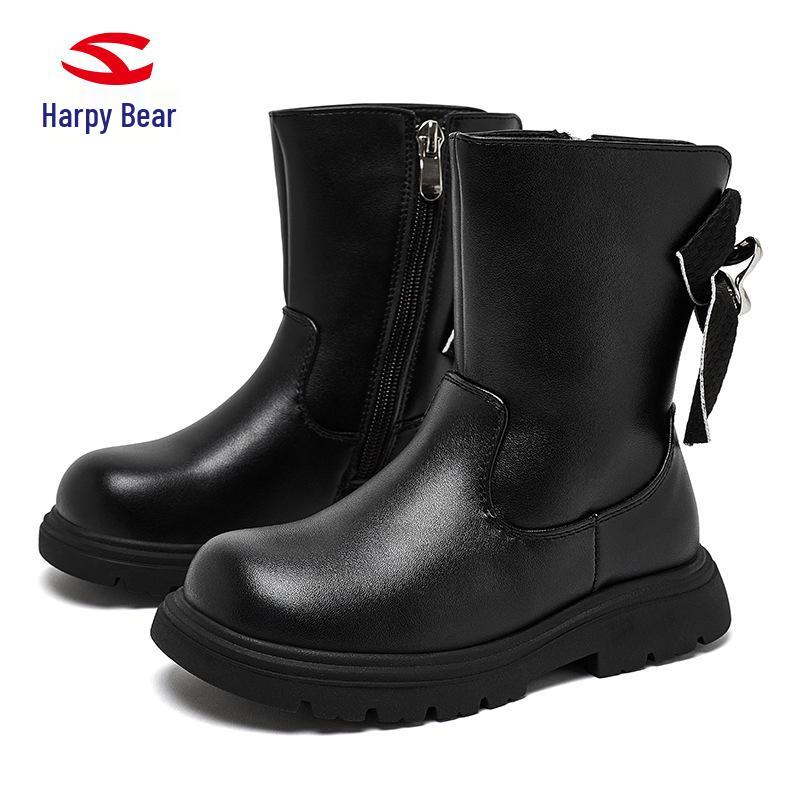 Happy Bear Plush Winter Girls  Martin Boots - Two-Layer Cotton, Zipper Leather Short Boots, Warm and Versatile. Size 29