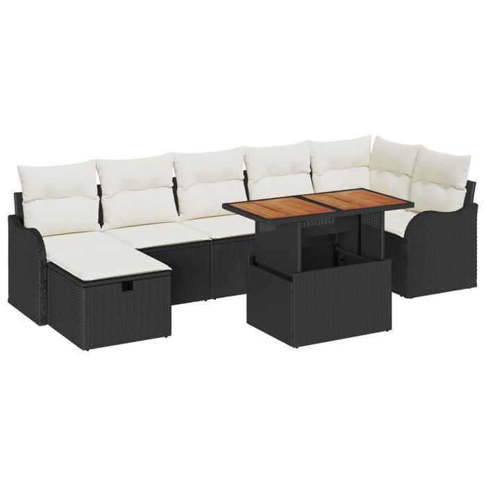 Ensemble de Canapé de Jardin 8 Pièces avec Coussins Noir en Poly Rotin, Canapé de Jardin 2 Places avec Rangement et Coussins 3361278