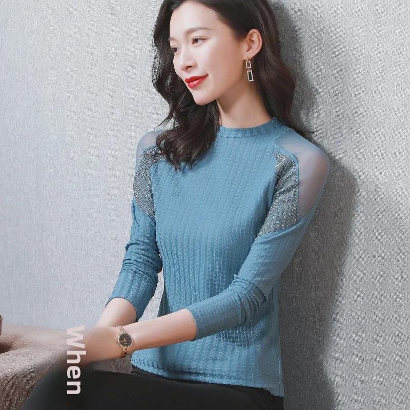 Top cu mâneci lungi din tricot plasă pentru femei Aiyimaiyi, gât rotund - Toamnă/Iarnă 2023