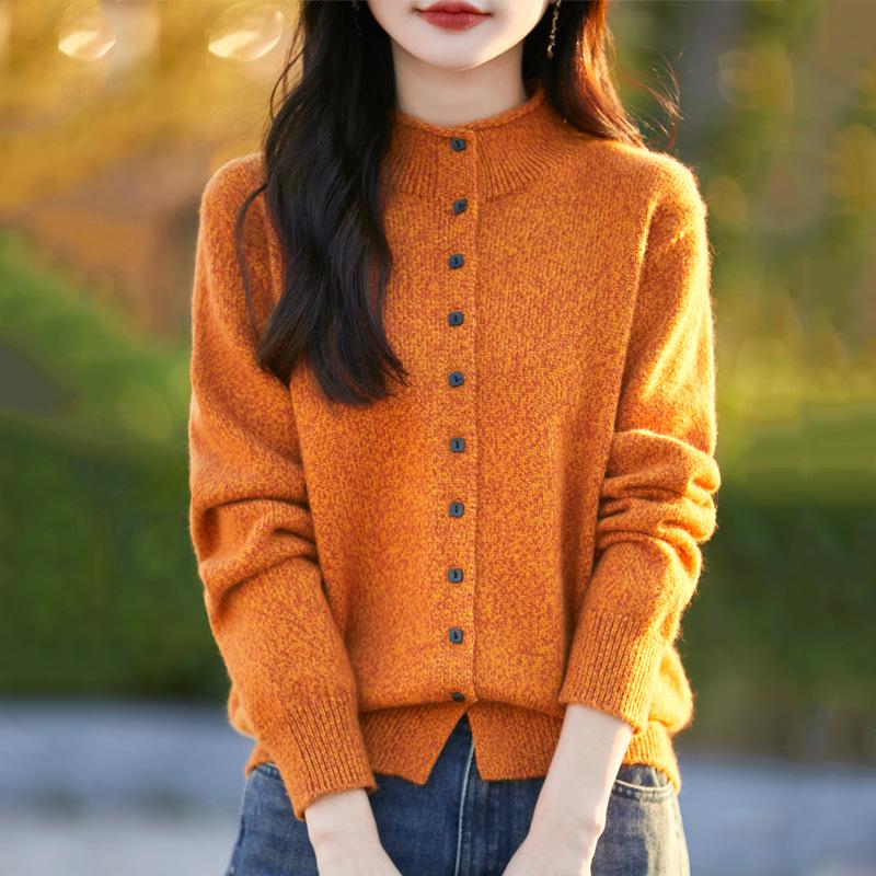 Heathered Wool Long Sleeve Rolled Edge Cardigan Sweater with Semi-High Neck 