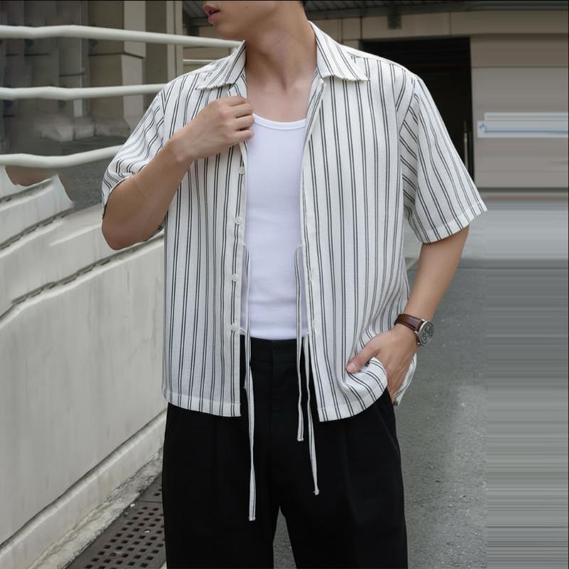 INCERUN Men Lapel Neck Short Sleeve Bow Knot Striped Casual Shirts Tops