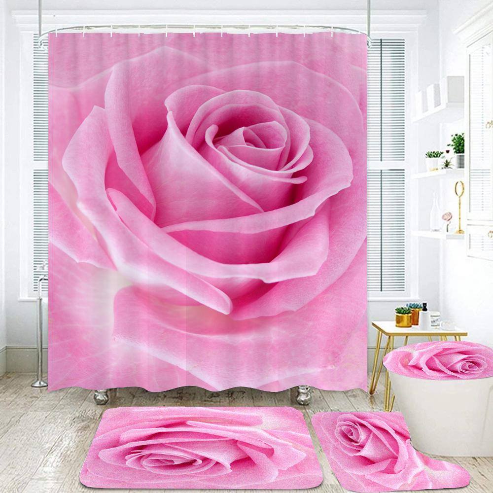 Pink Floral Rose Waterproof Shower Curtain Sets Toilet Seat Cover Non-Slip Bath Mat Rug Carpet Bathroom Decor Polyester Fabric