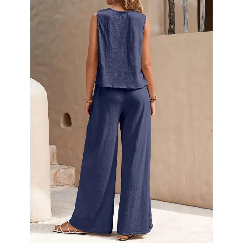 Damen ärmelloses Tanktop Weite Hosen Set Unifarbene Lässige Zweiteilige Outfits