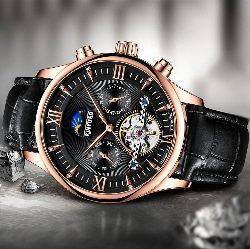 KINYUED J087 Fashion Men Mechanical Hand Wind Wrist Watch Leather Luminous Hands Luxury Men Wristwatch Mens Watch