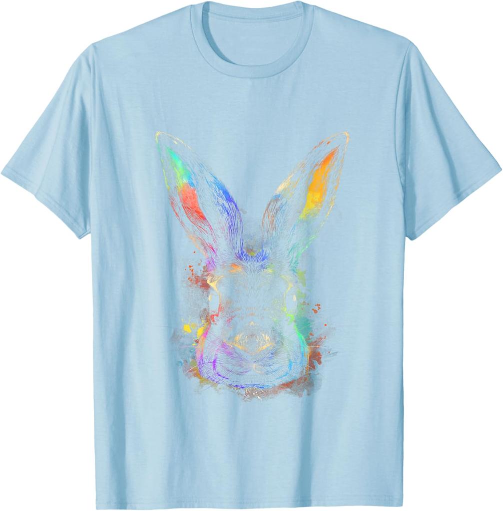 Colorful Rainbow Watercolor Rabbit Graphic Tee Men Casual Crew Neck Daily T-Shirt Easter